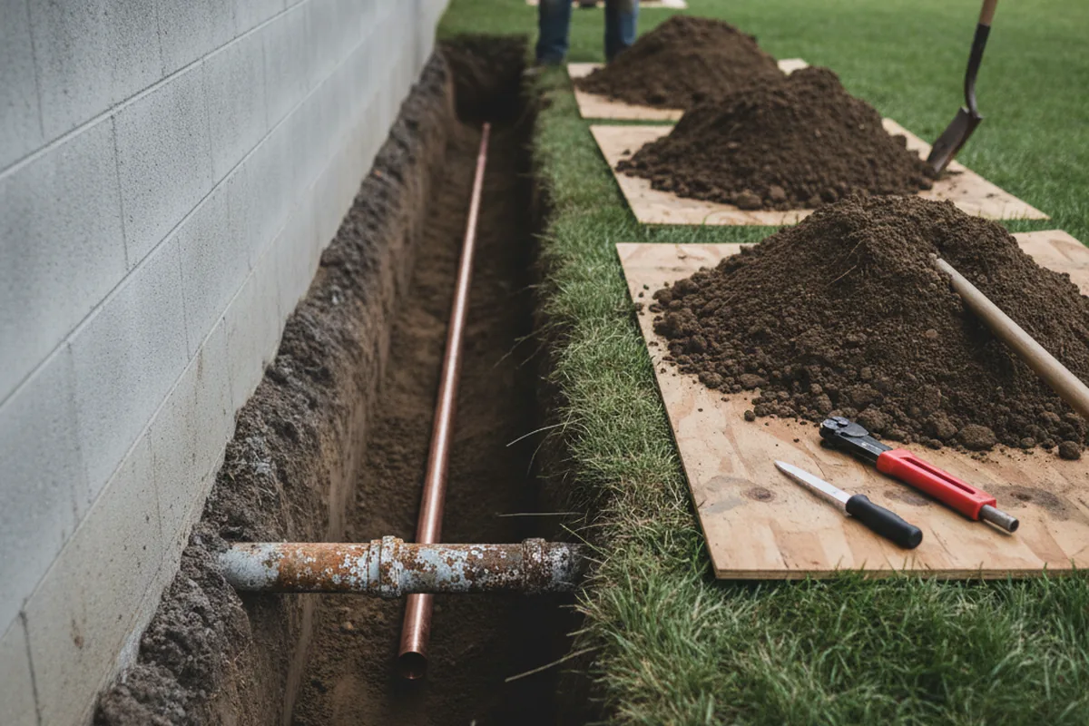 Excavated water line trench during Water Softener Installation in Medina